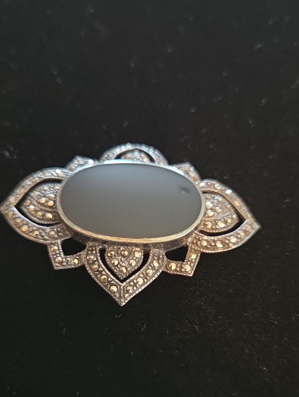 Sterling Silver Black Onyx Marcasite Vintage-Style Brooch
